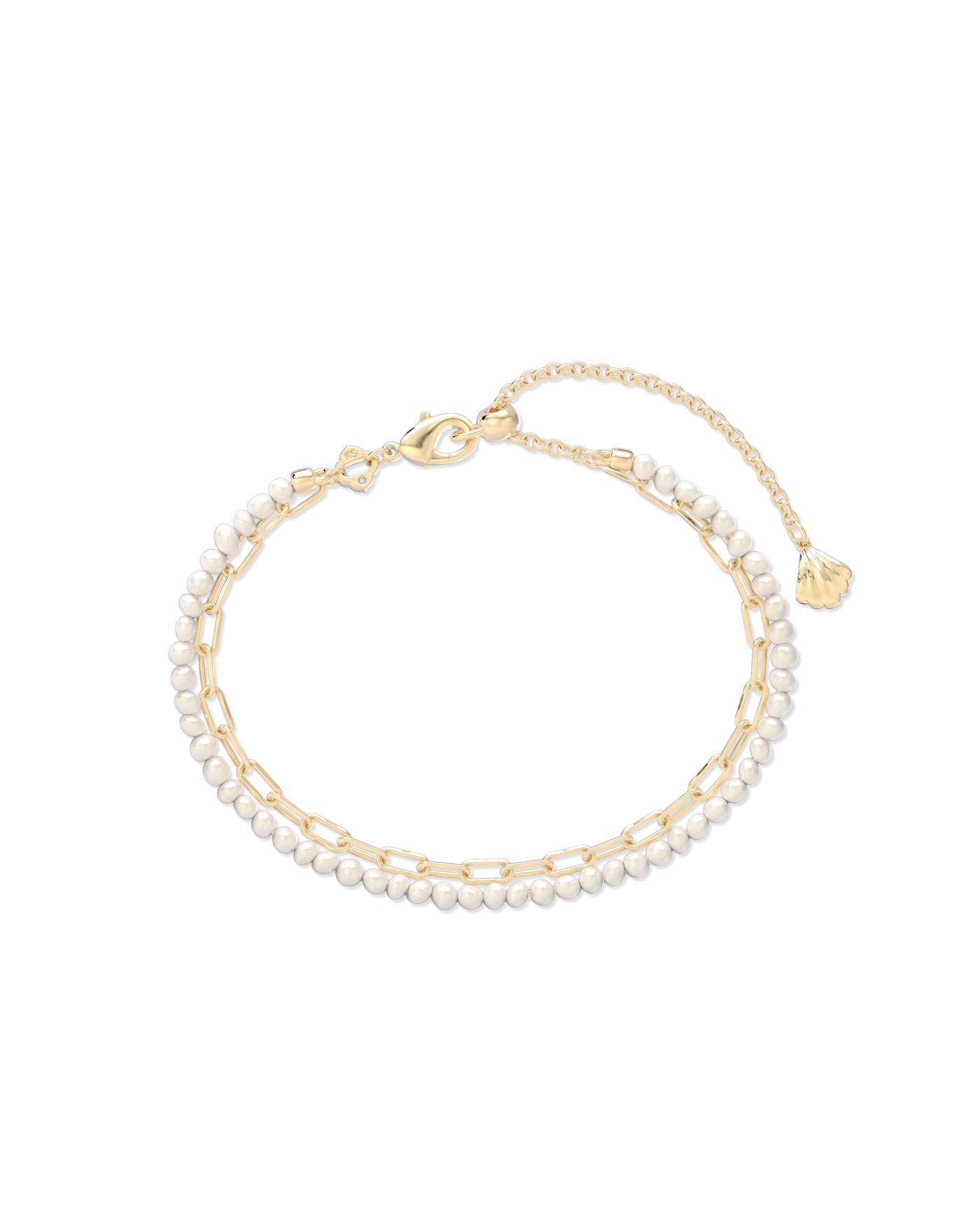 Kendra Scott Lolo Multi Strand Bracelet in Gold White Pearl on white background.