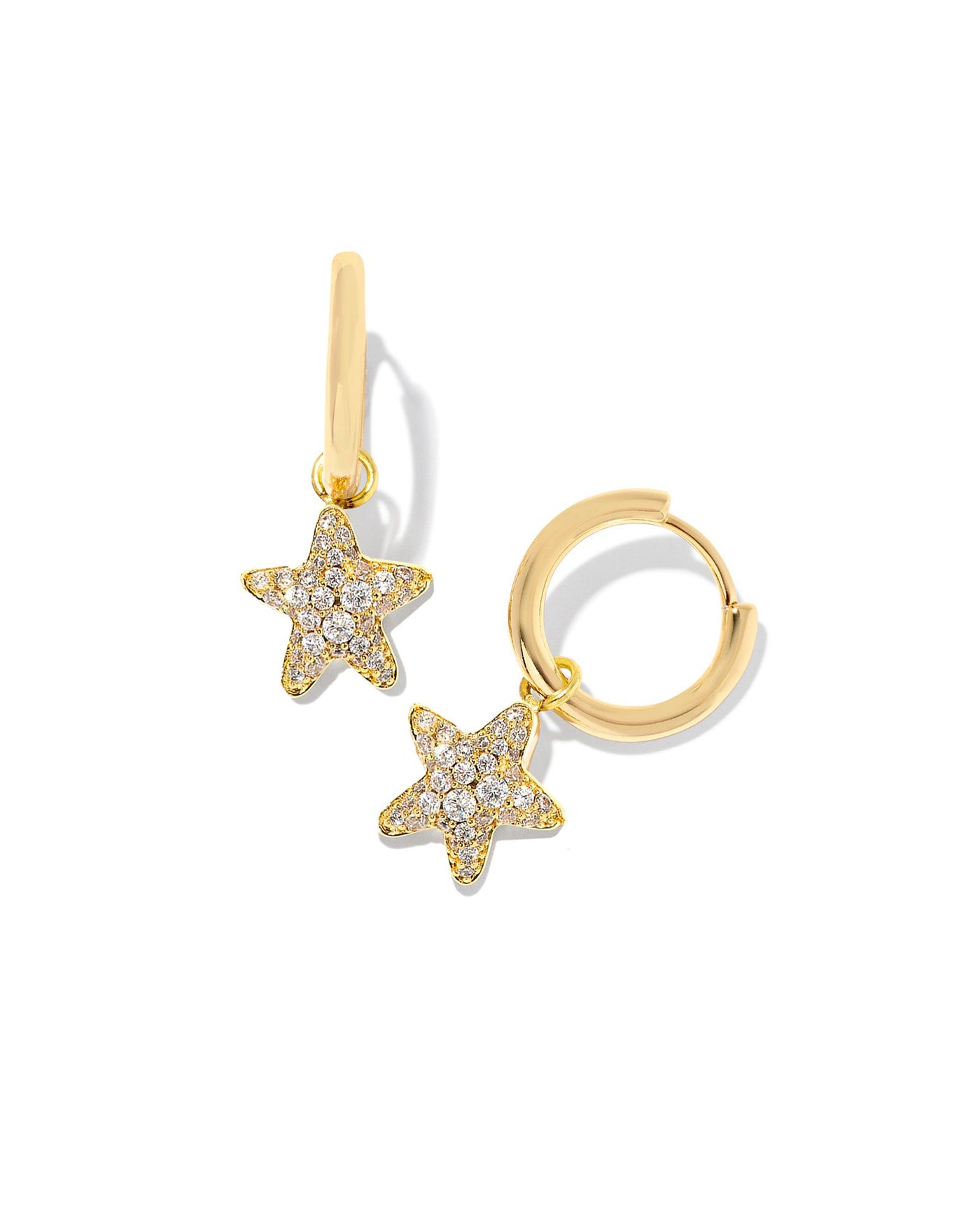 Kendra Scott Jae Star Pave Huggies in Gold White Crystal on white background.