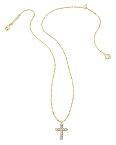 Kendra Scott Crystal Cross Pendant Necklace Gold full on white background.