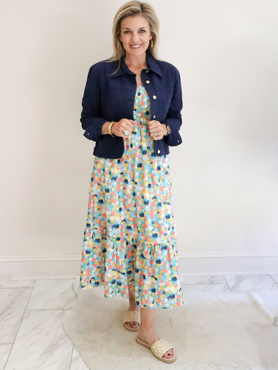 Polka Dot Smocked Midi Dress paired with a Navy Mud Pie Jacket.