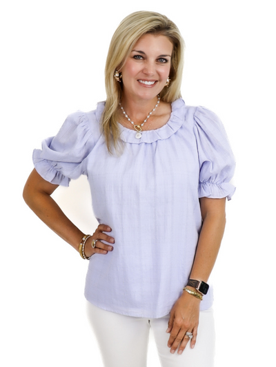 Ruffle Sleeve Blouse - Blue front view.