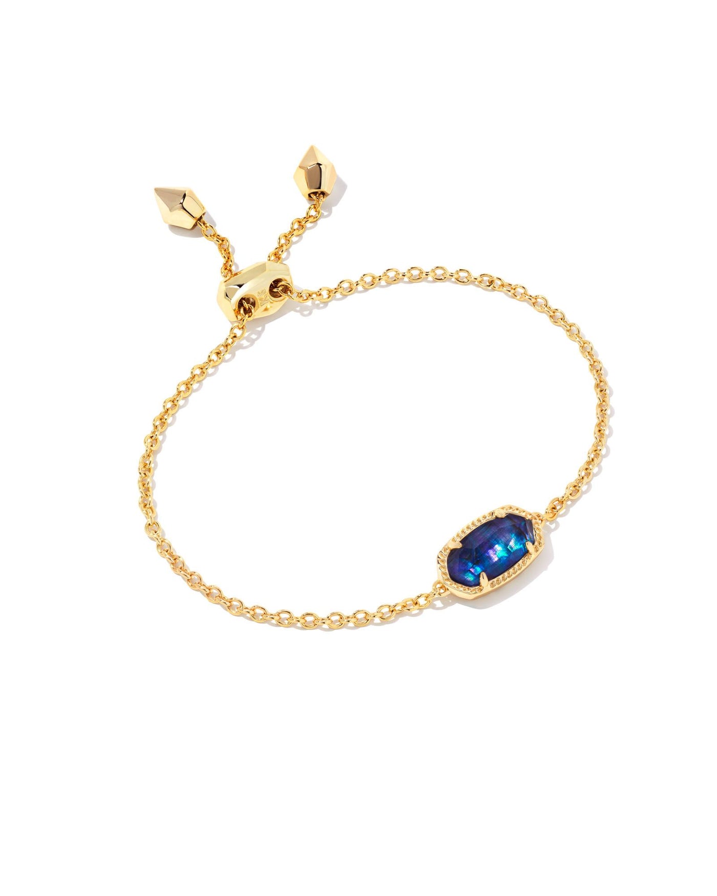 Kendra Scott Elaina Adjustable Chain Bracelet in Gold Navy Abalone on white background.