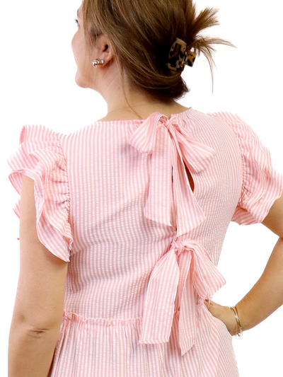 Mud Pie Stripe Bardot Midi Dress - Pink up close bow view.