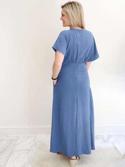Blue Woven Maxi Dress by Molly Bracken back view.