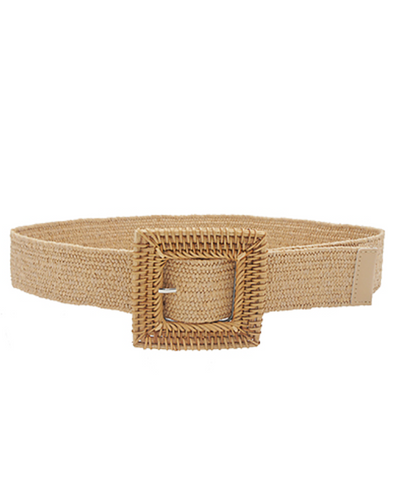 Square Rattan Buckle Straw Belt in tan on white background front view.