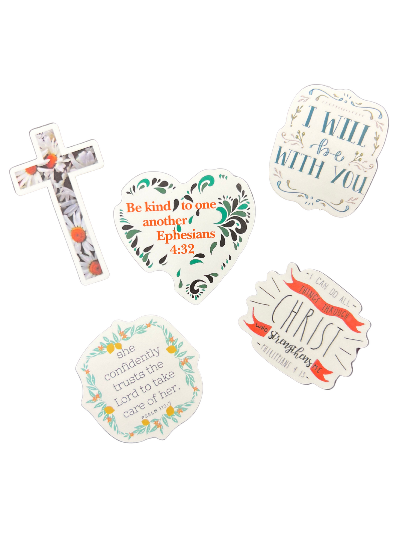 Set of 5 Christian Stickers in teal/coral on white background.