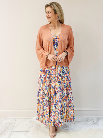 Peach Open Front Cardigan front view with Molly Bracken Maxi Dress.