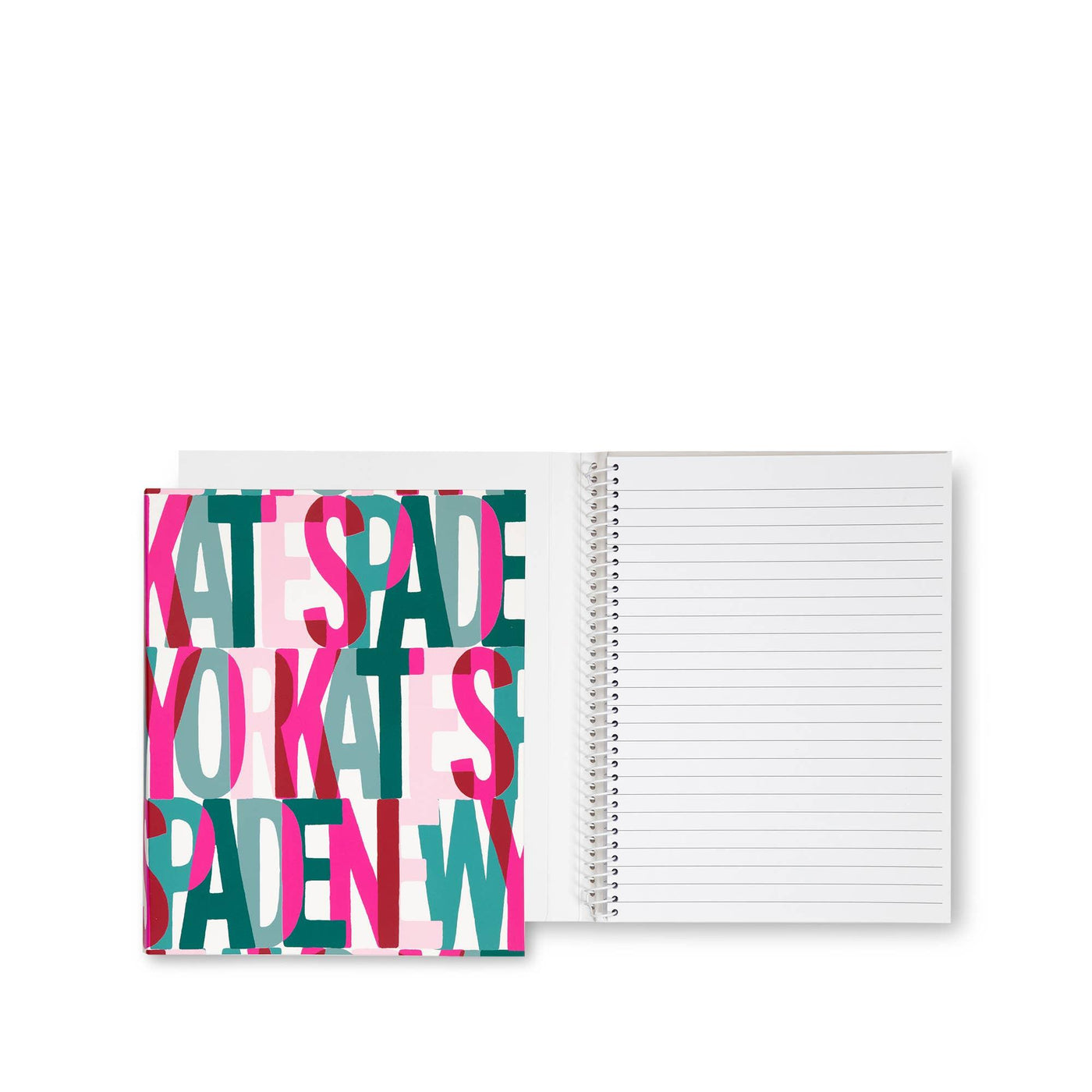 Pink, light pink, evergreen and mint green "Kate Spade' printed all over the front with a concealed spiral