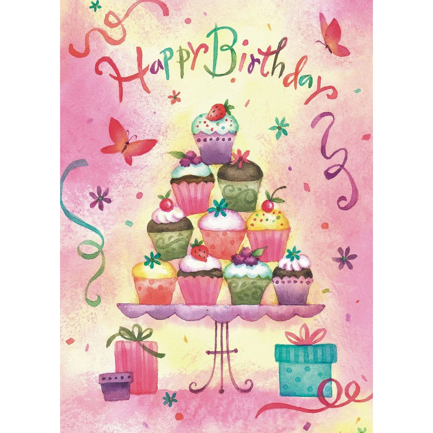 Pink birthday card with streamers, butterflies, flowers, cupcakes and presents in multicolors and "Happy Birthday" on the front