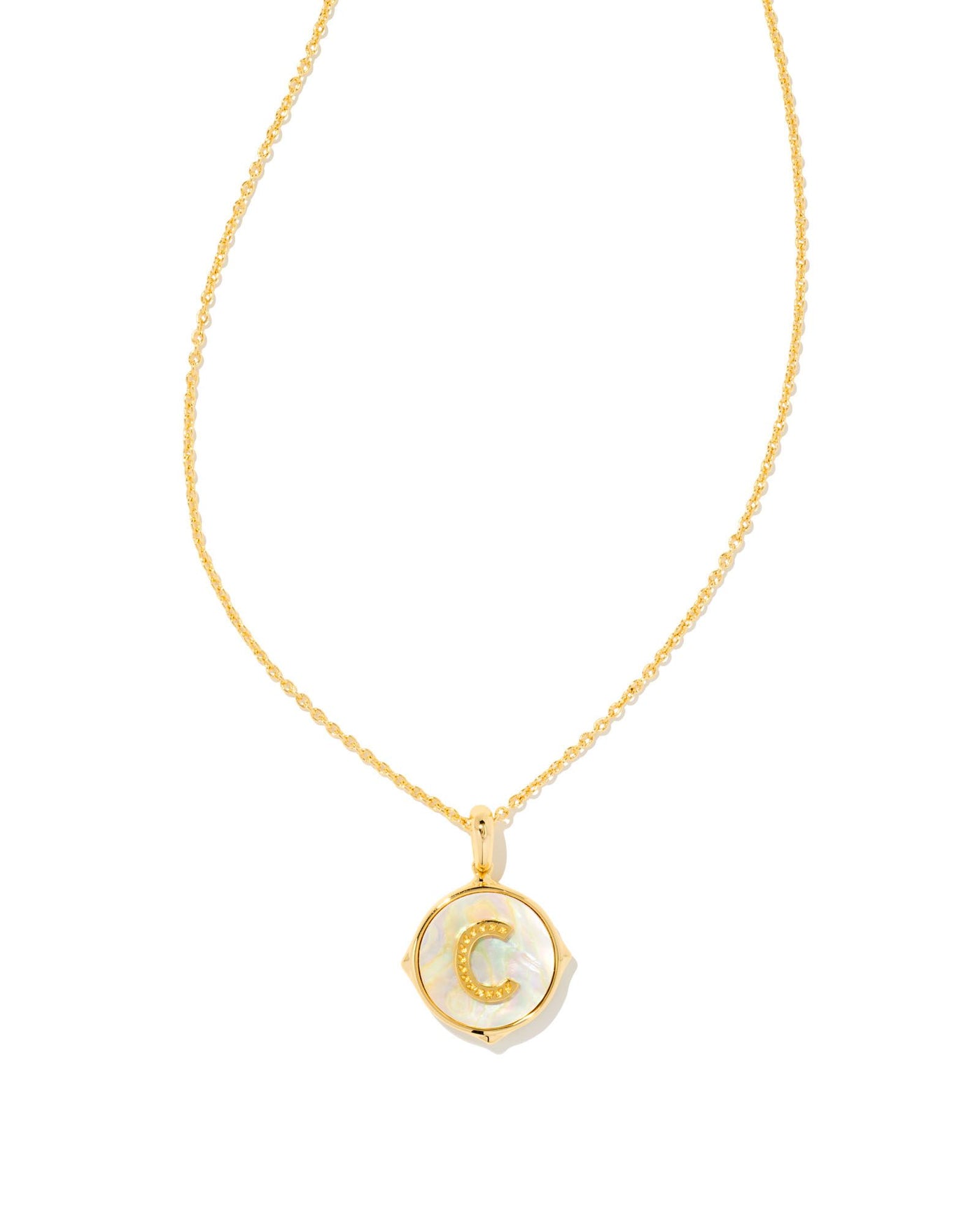 Letter C Disc Pendant Necklace Gold on white background, front view.
