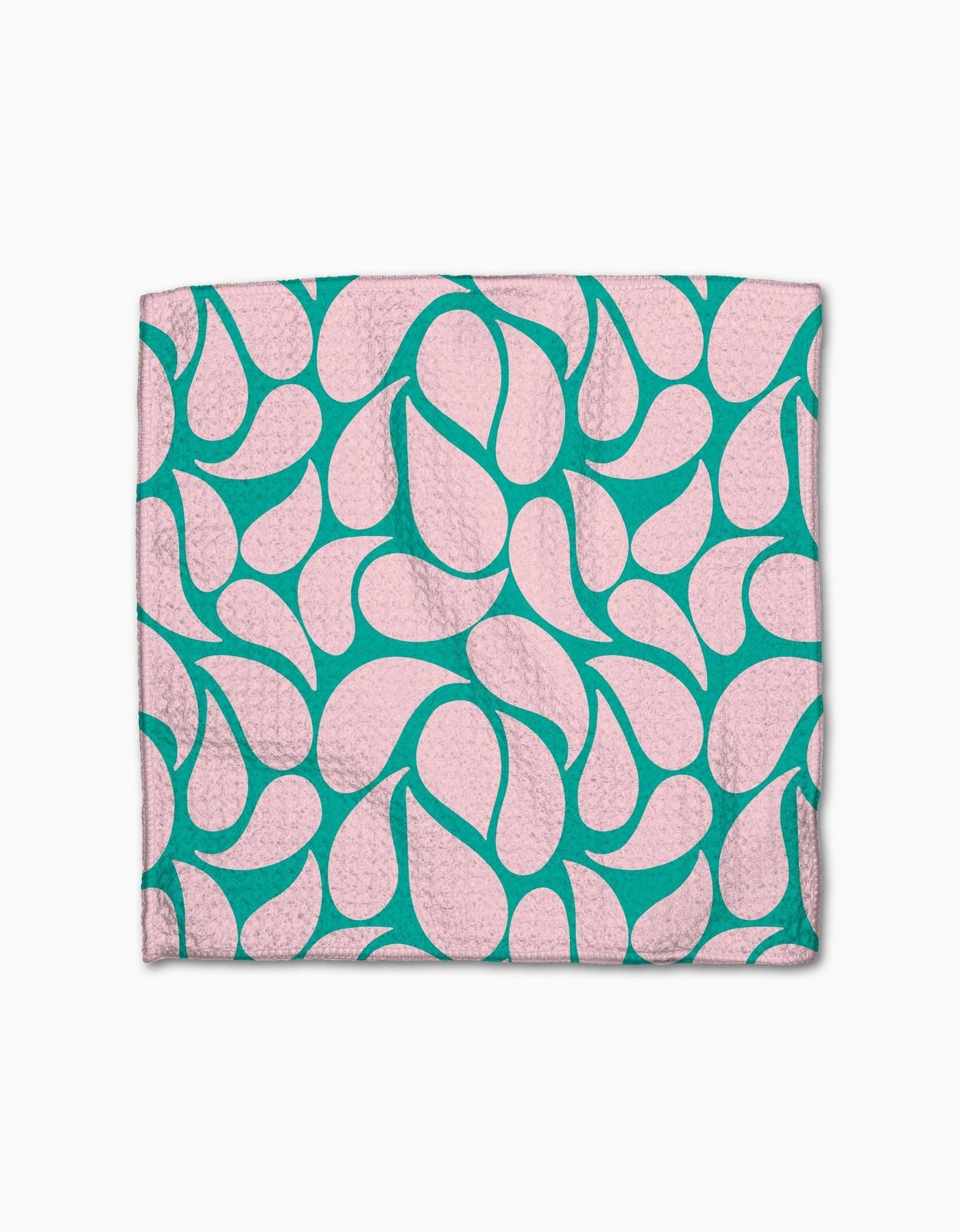 Green and light pink dishcloth on white background
