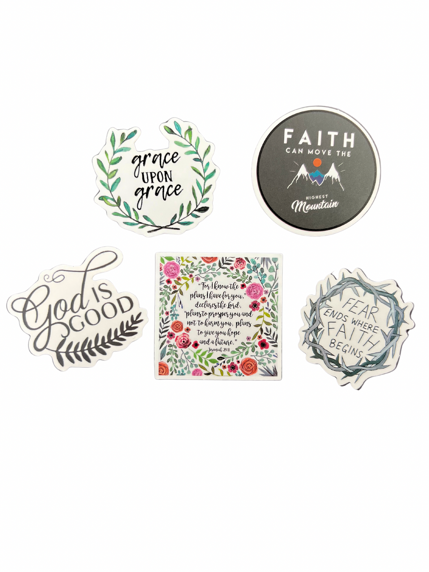 Set of 5 Christian Stickers in green/floral on white background.