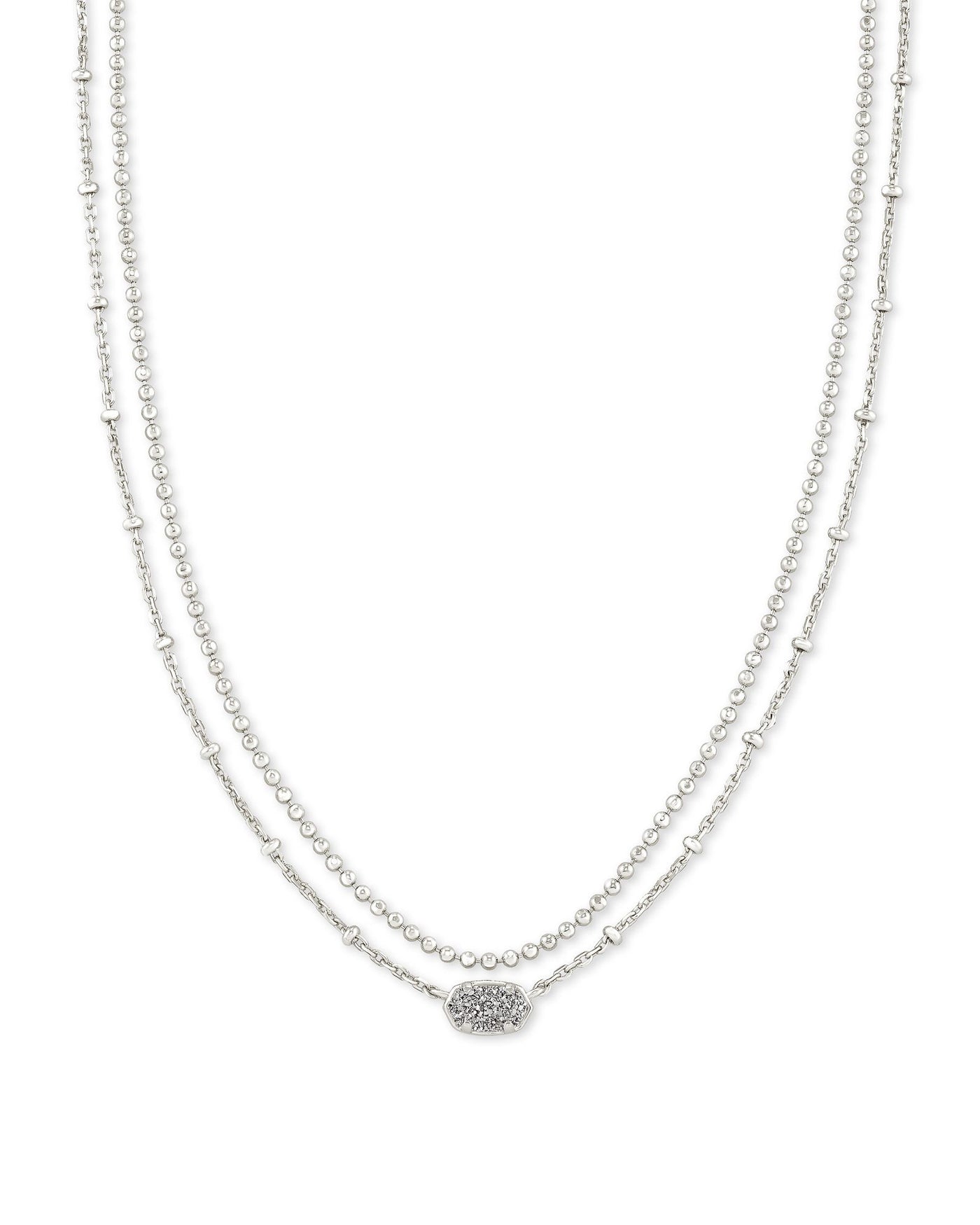 Emilie Multi-Strand Necklace Silver Platinum Drusy on white background, front view.
