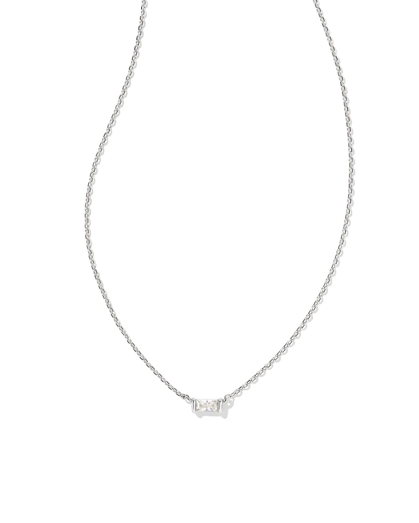 Juliette Pendant Necklace Silver White Crystal on white background, front view.