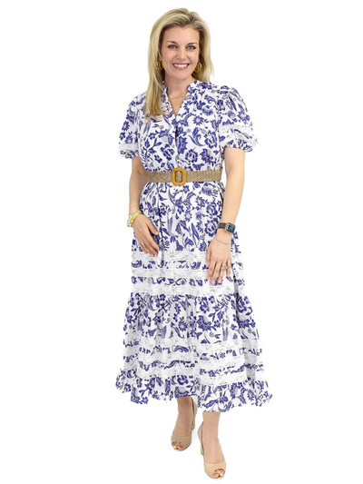 Tiered Midi Dress - Blue/White with a belt.