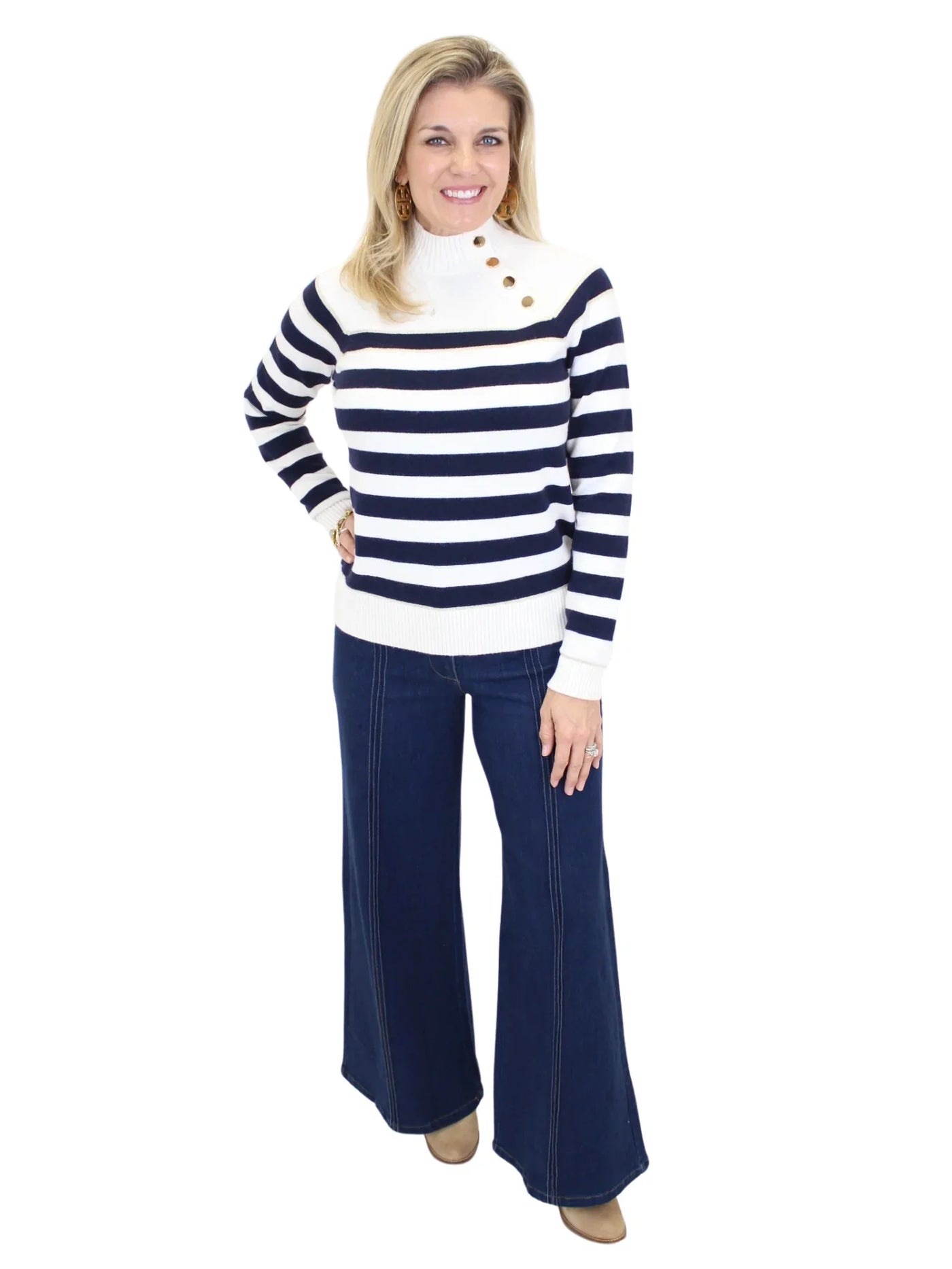 Charlie B Classy Mock Neck Striped Sweater - Navy/Off White
