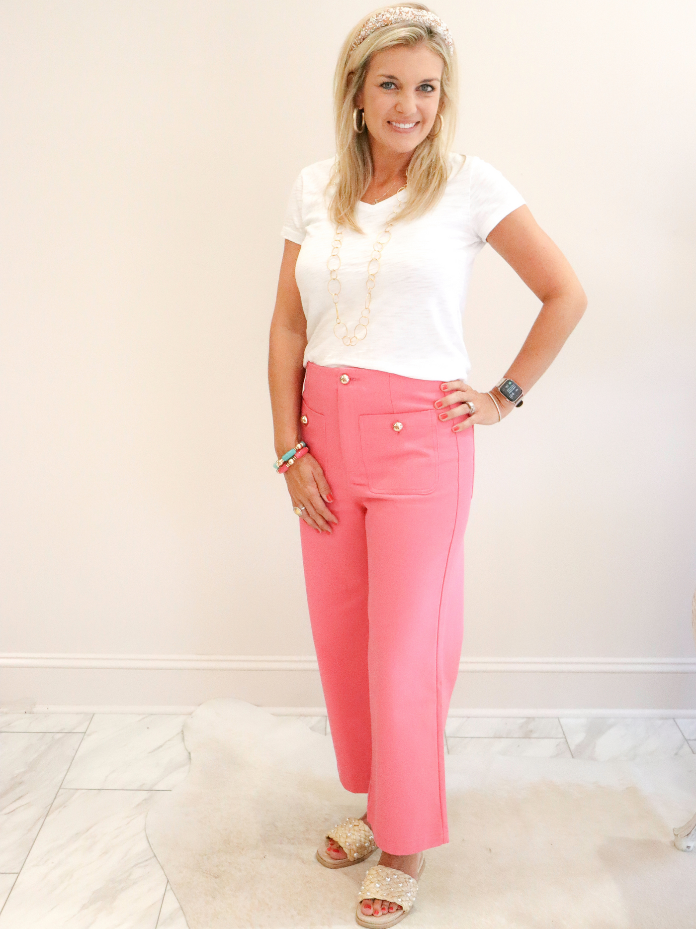 Pink Canvas Culottes with Gold Buttons front view with white tee.