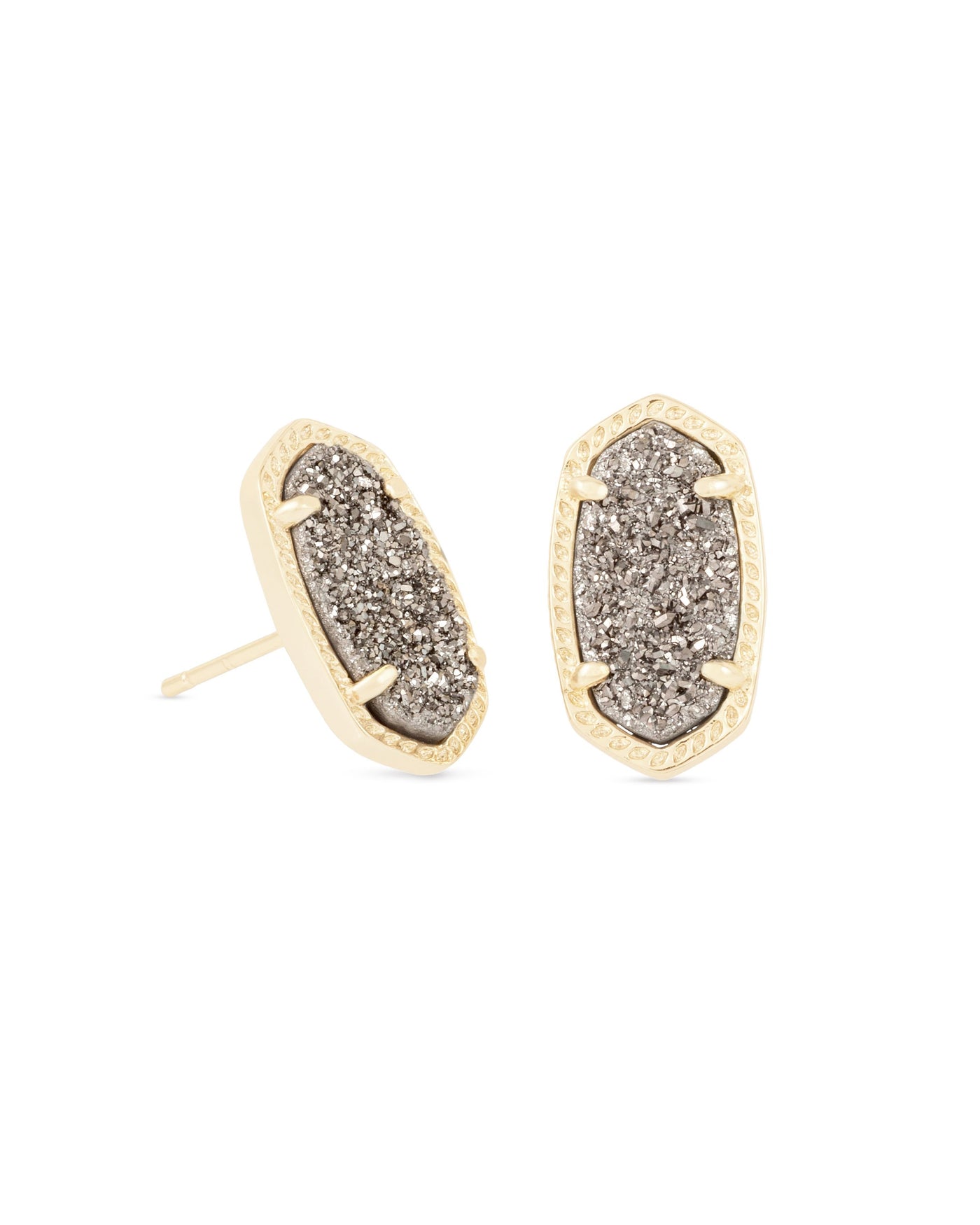 Ellie Stud Earrings Gold Platinum Drusy on white background, front view.