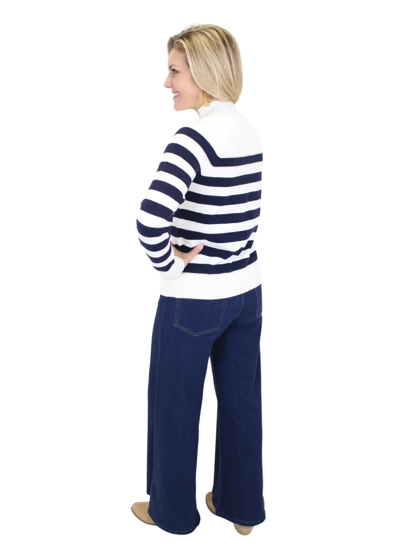 Charlie B Classy Mock Neck Striped Sweater - Navy/Off White