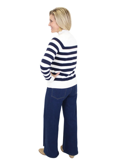 Charlie B Classy Mock Neck Striped Sweater - Navy/Off White