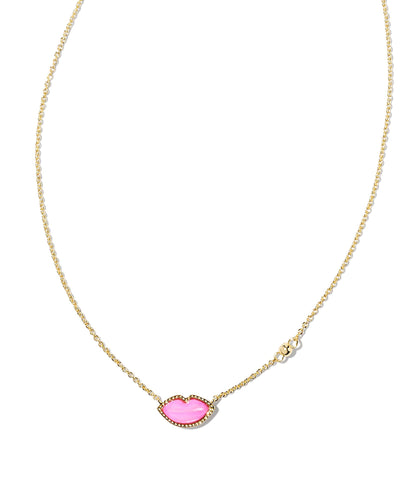 Kendra Scott Lips Pendant Necklace in Gold Pink Mother of Pearl closeup.