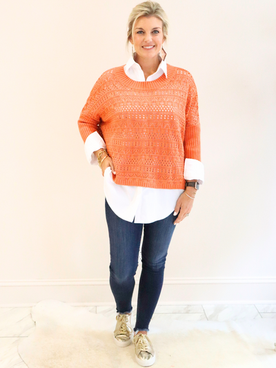 Reina Crochet 3/4 Sleeve Sweater paired with white collar shirt and denim.