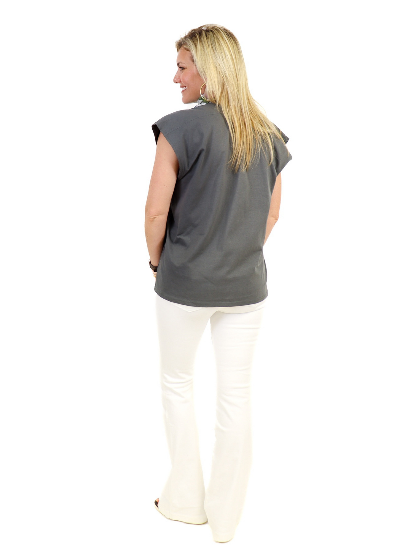 Cap Sleeve V-Neck Top charcoal back view.