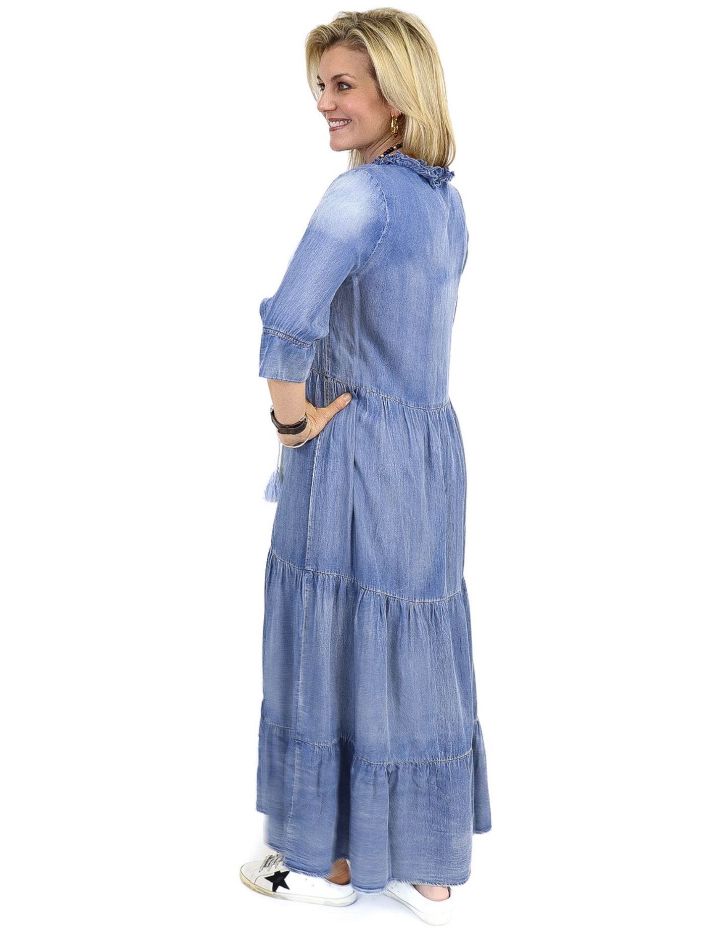 Denim Maxi Dress - Blue back view.