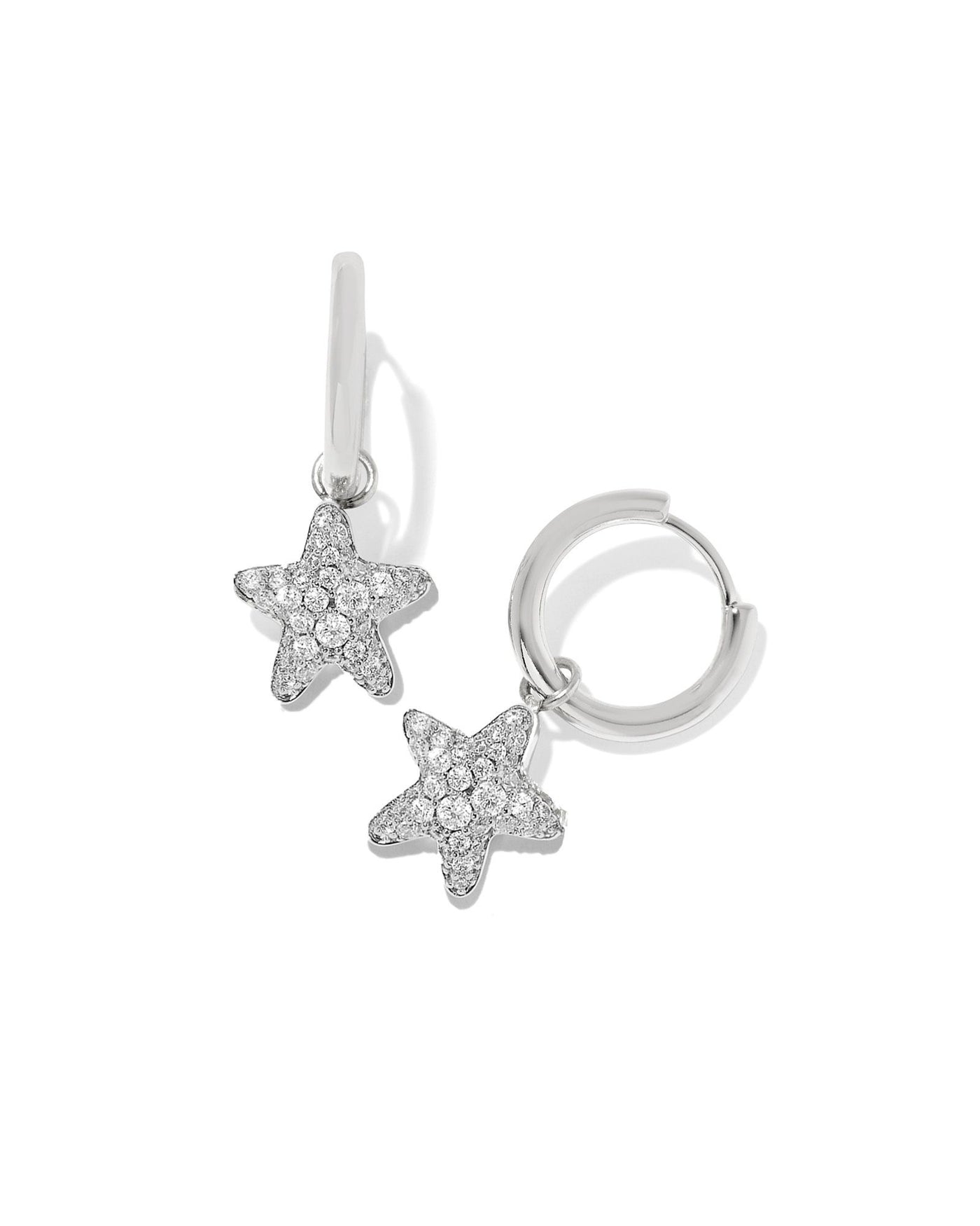Kendra Scott Jae Star Pave Huggies in Silver White Crystal on white background.