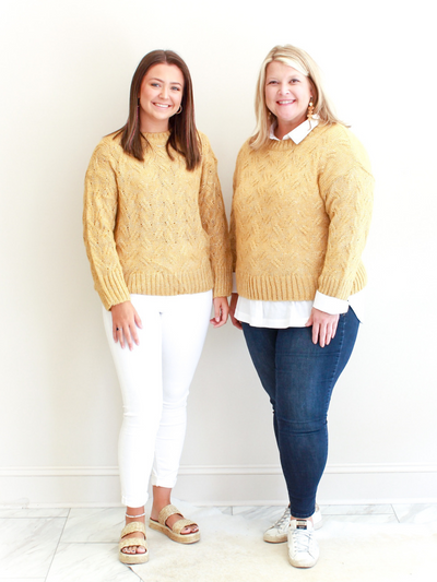 Gold Cable Knit Sweater front view.