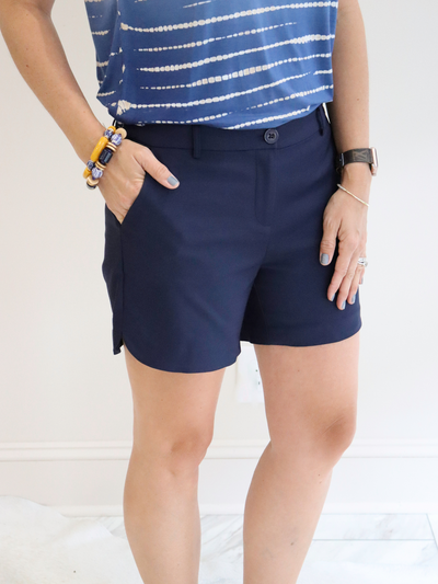 Navy Jade Side-Round Shorts front view.