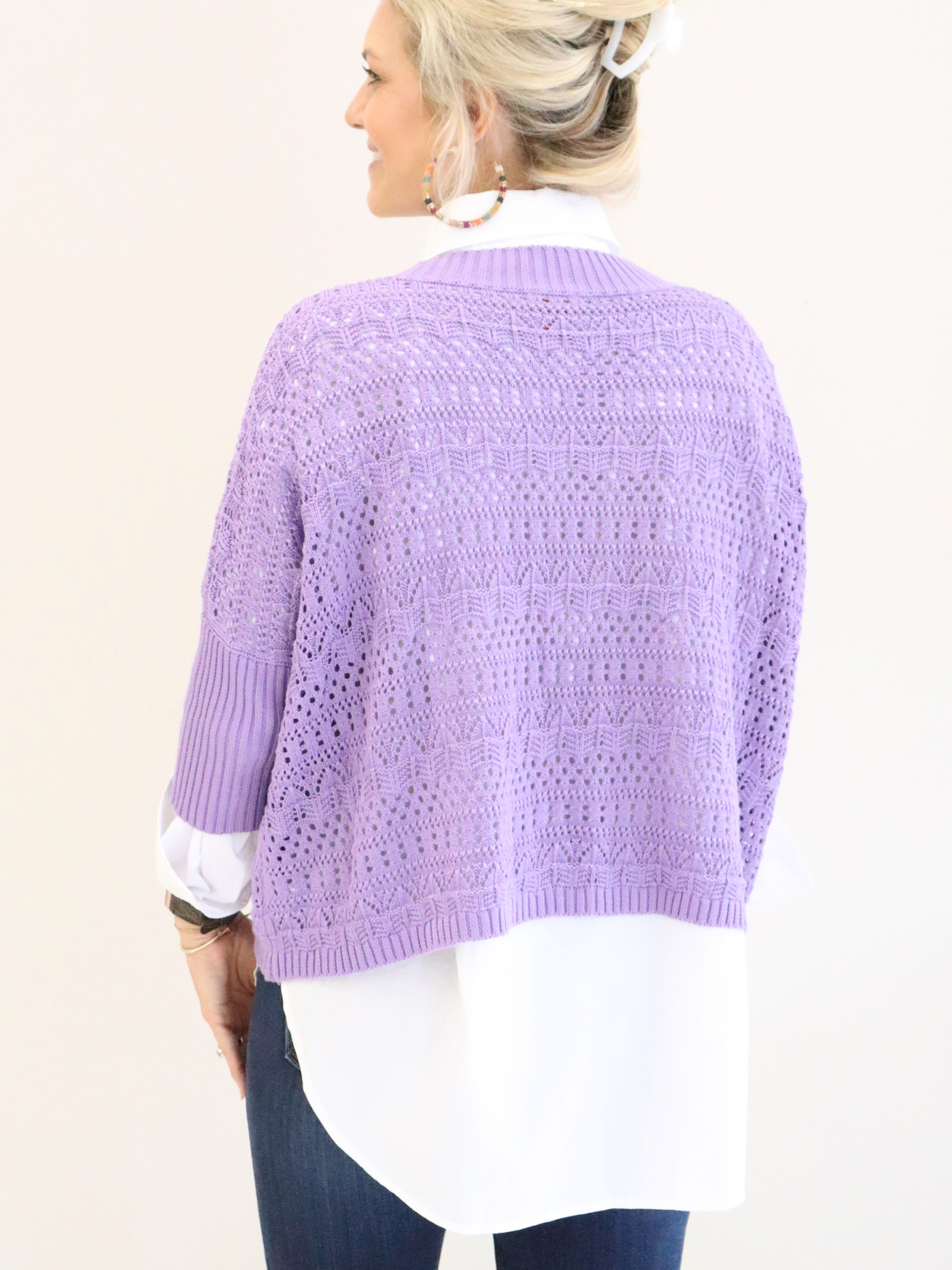 Reina Crochet 3/4 Sleeve Sweater Lavender back view. 