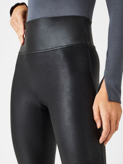 Spanx Black Faux Leather Leggings front view up close.