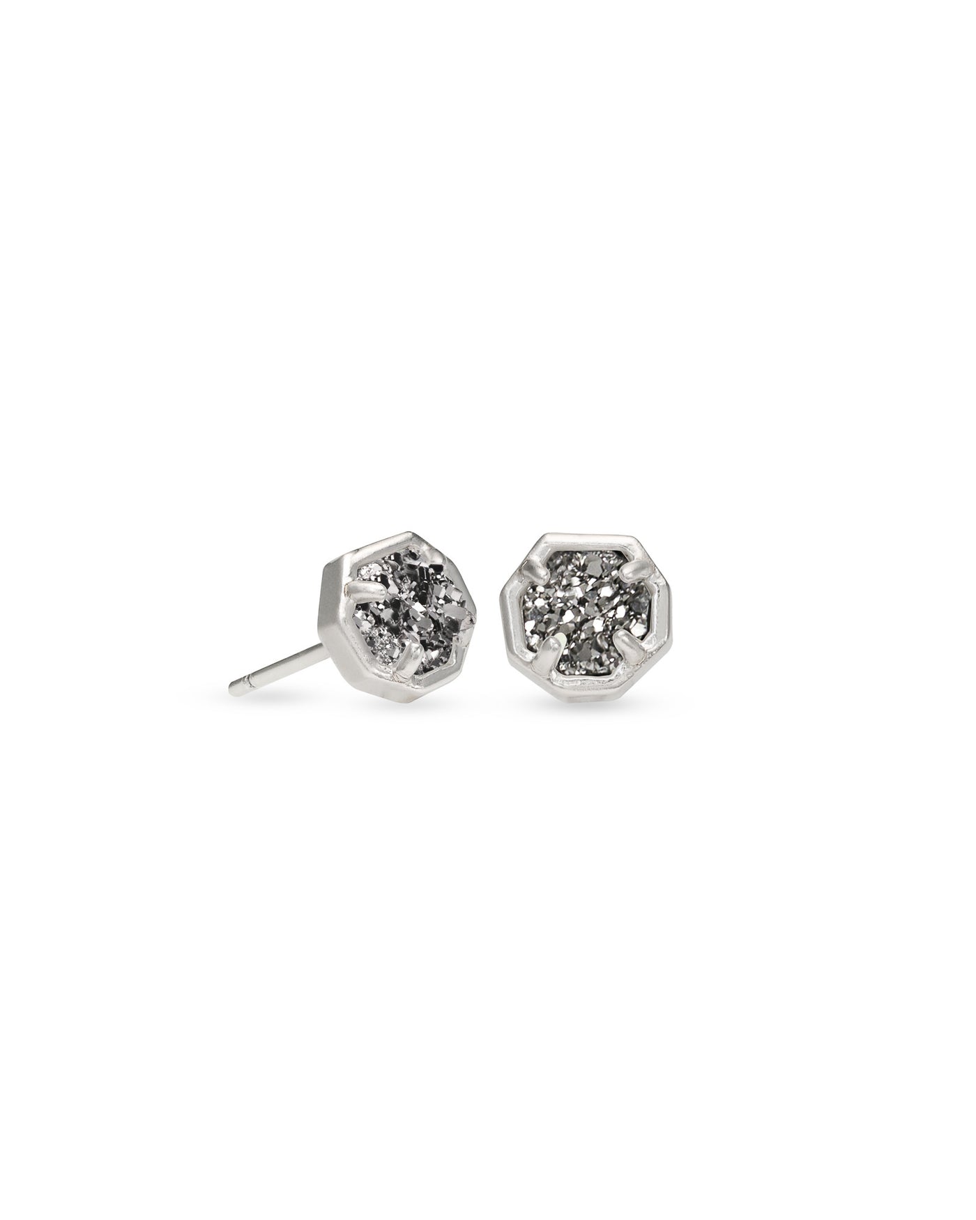 Nola Stud Earrings Silver Platinum Drusy on white background, front view.