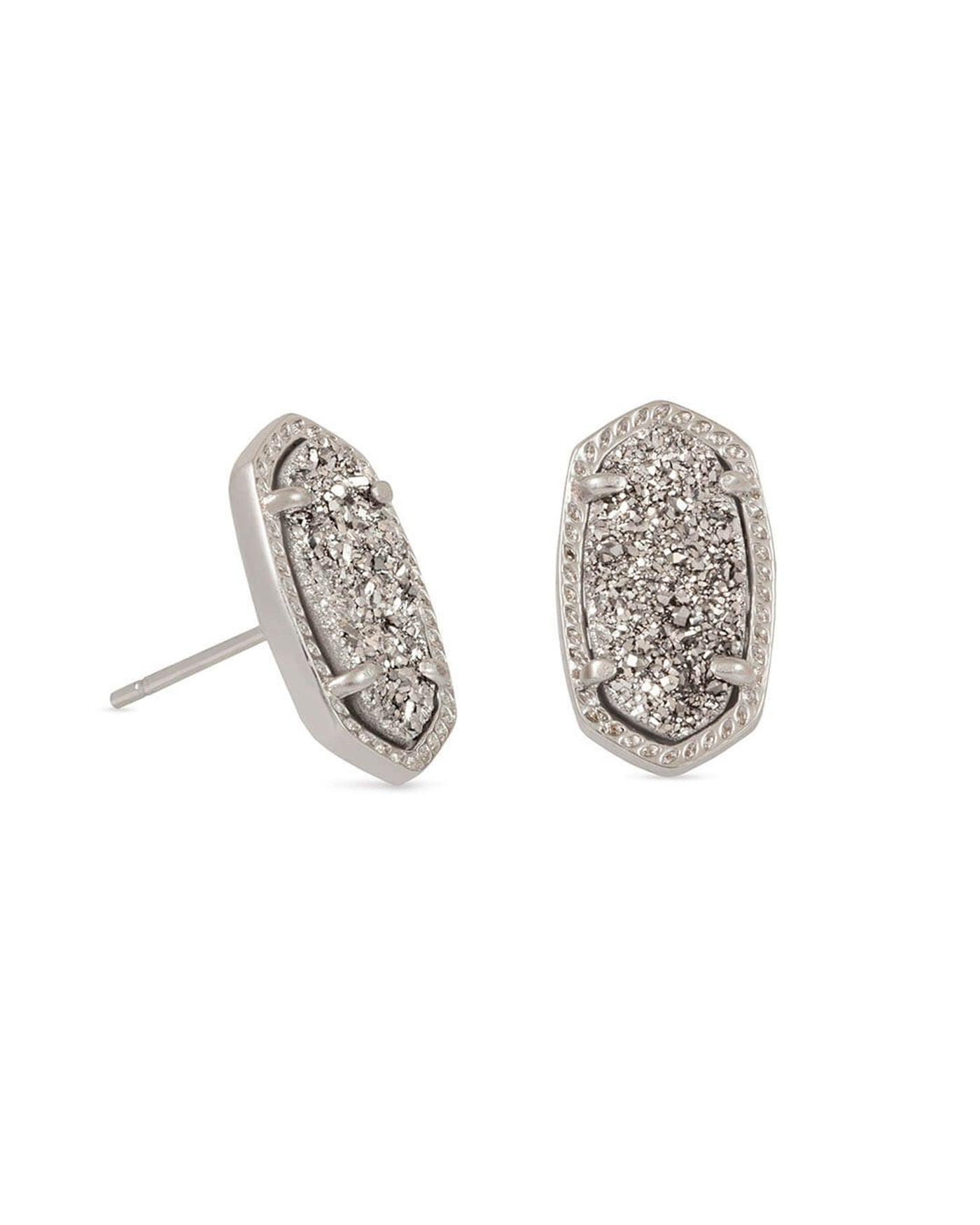 Ellie Stud Earrings Silver Platinum Drusy on white background, front view.