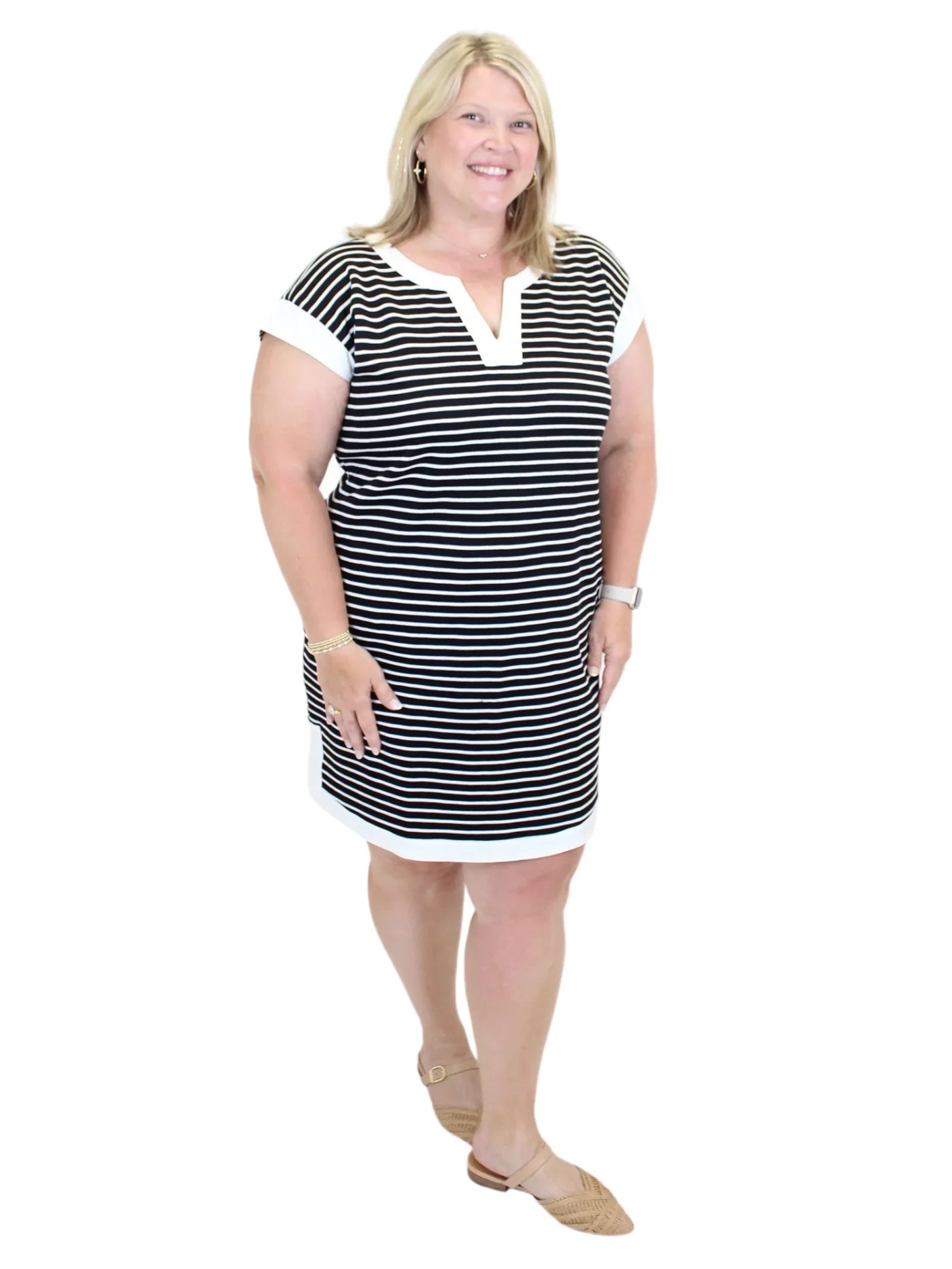 Striped Sailor Shift Dress - Black/White front view size 1X