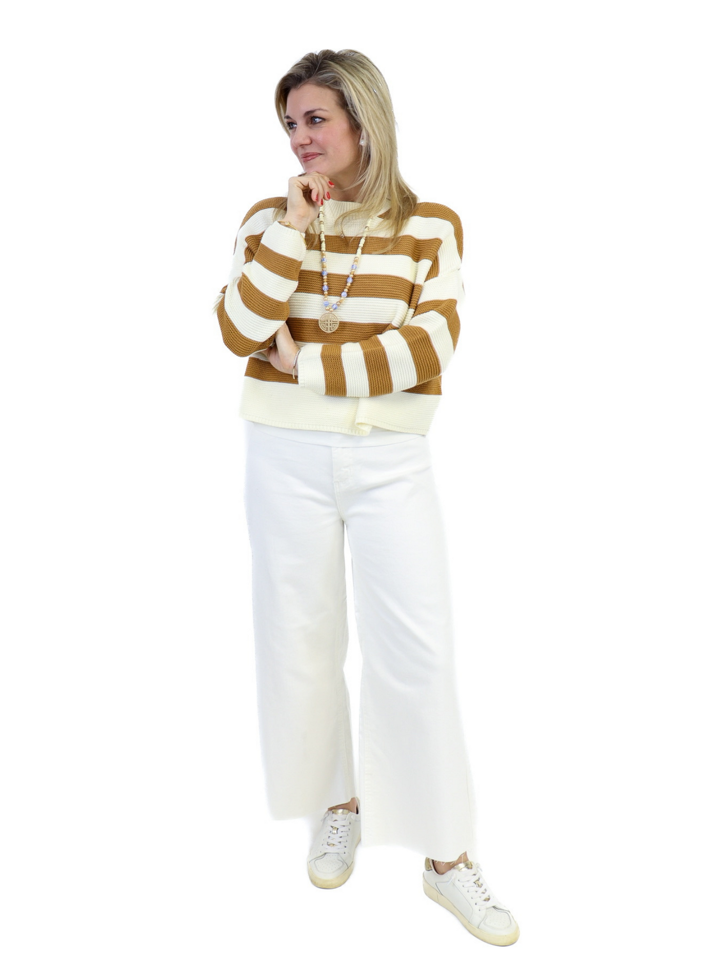 Stripe Knit Sweater - Toffee front view with white wide leg jeans.