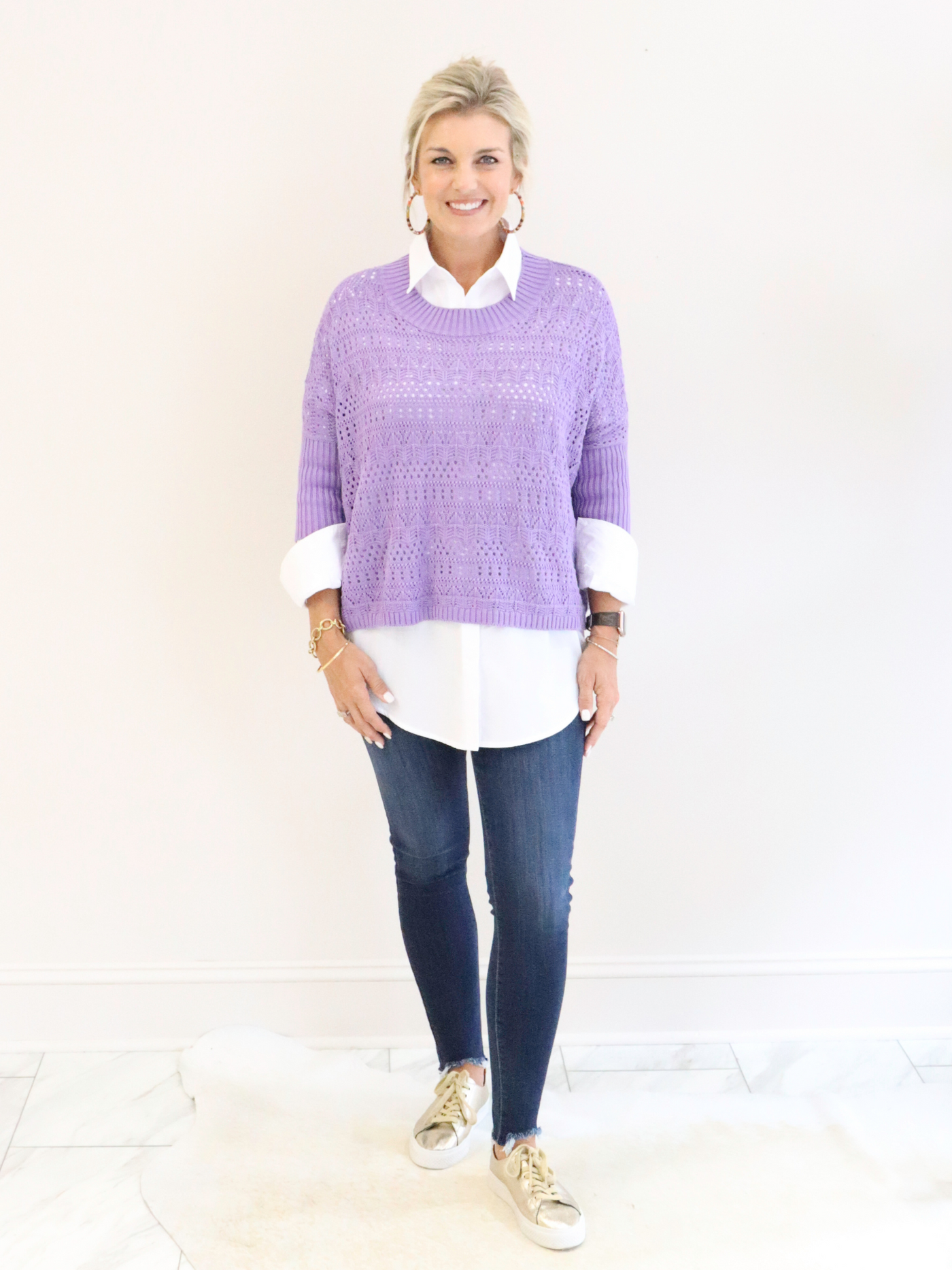 Reina Crochet 3/4 Sleeve Sweater Lavender front view. paired with a white collared shirt and denim.