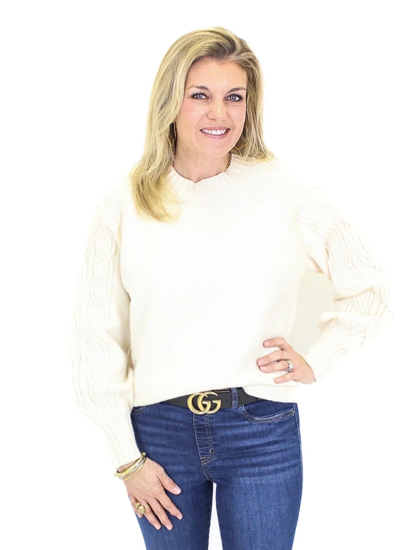 Cable Knit Sleeve Sweater - Cream front view.