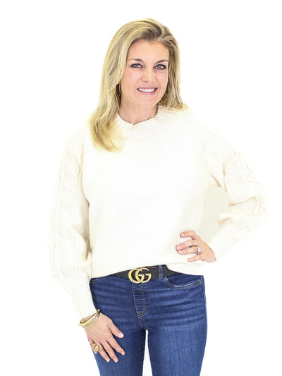 Cable Knit Sleeve Sweater - Cream front view.