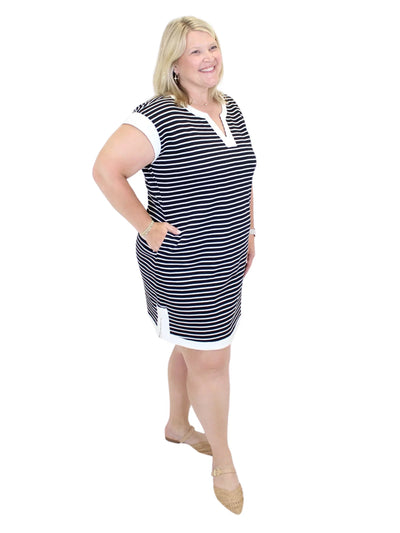 Striped Sailor Shift Dress - Black/White size view.