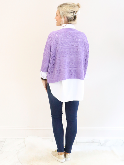 Reina Crochet 3/4 Sleeve Sweater Lavender back view. 