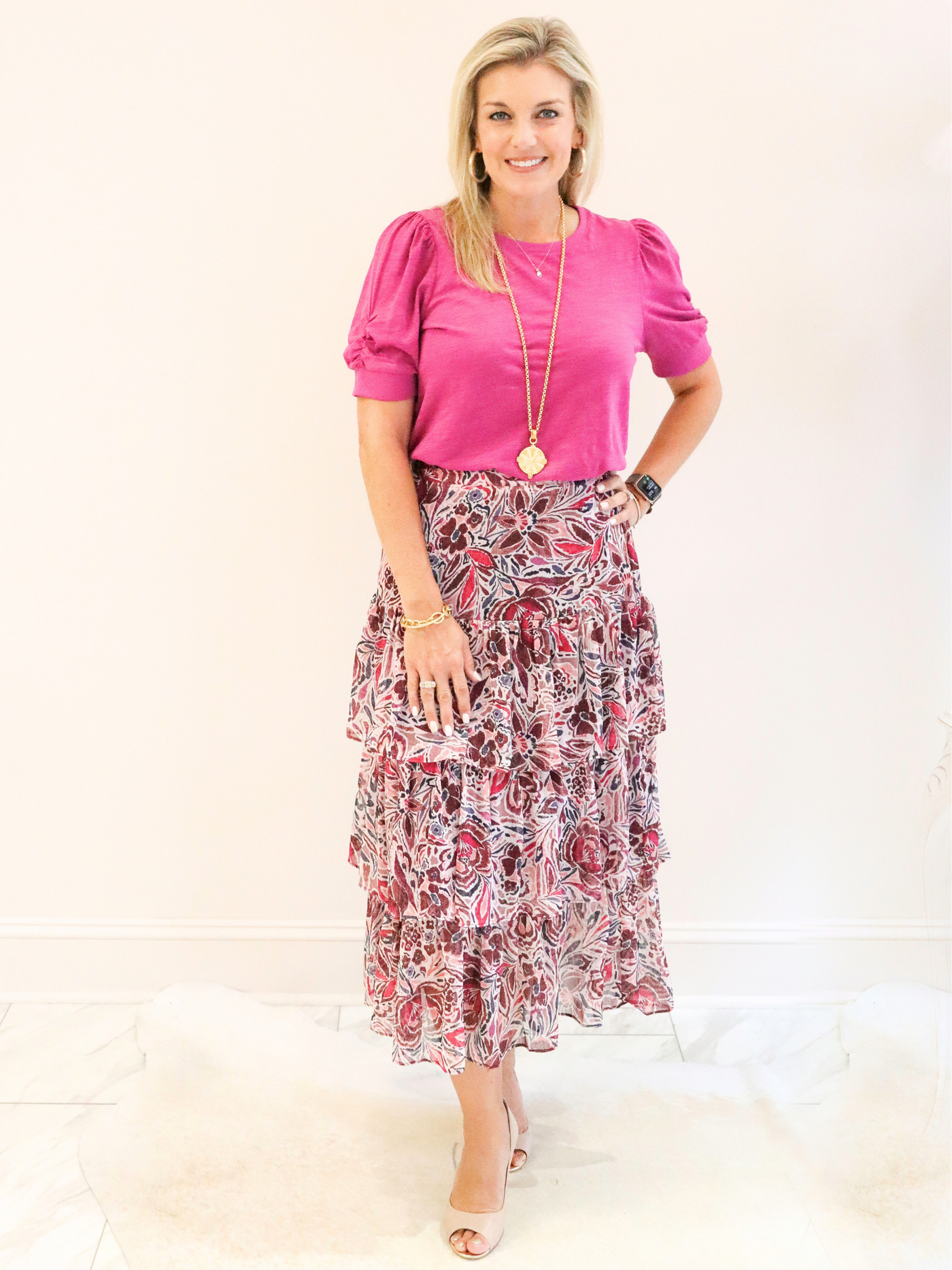 Orchid Floral Ruffle Midi Skirt front view paired with pink top.