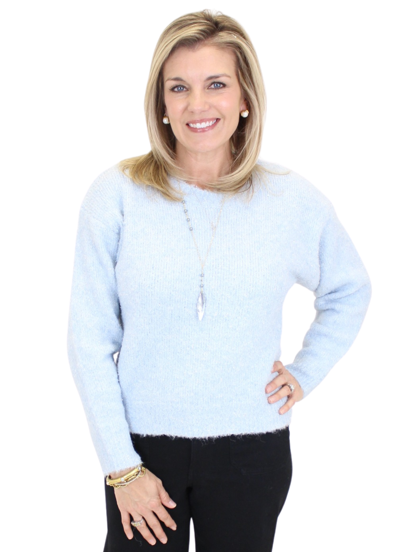 Woman wearing a light blue sweater on a white background