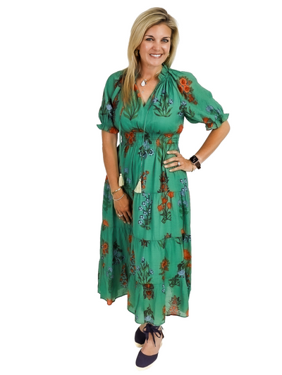 THML Floral Midi Dress - Green FRONT VIEW.