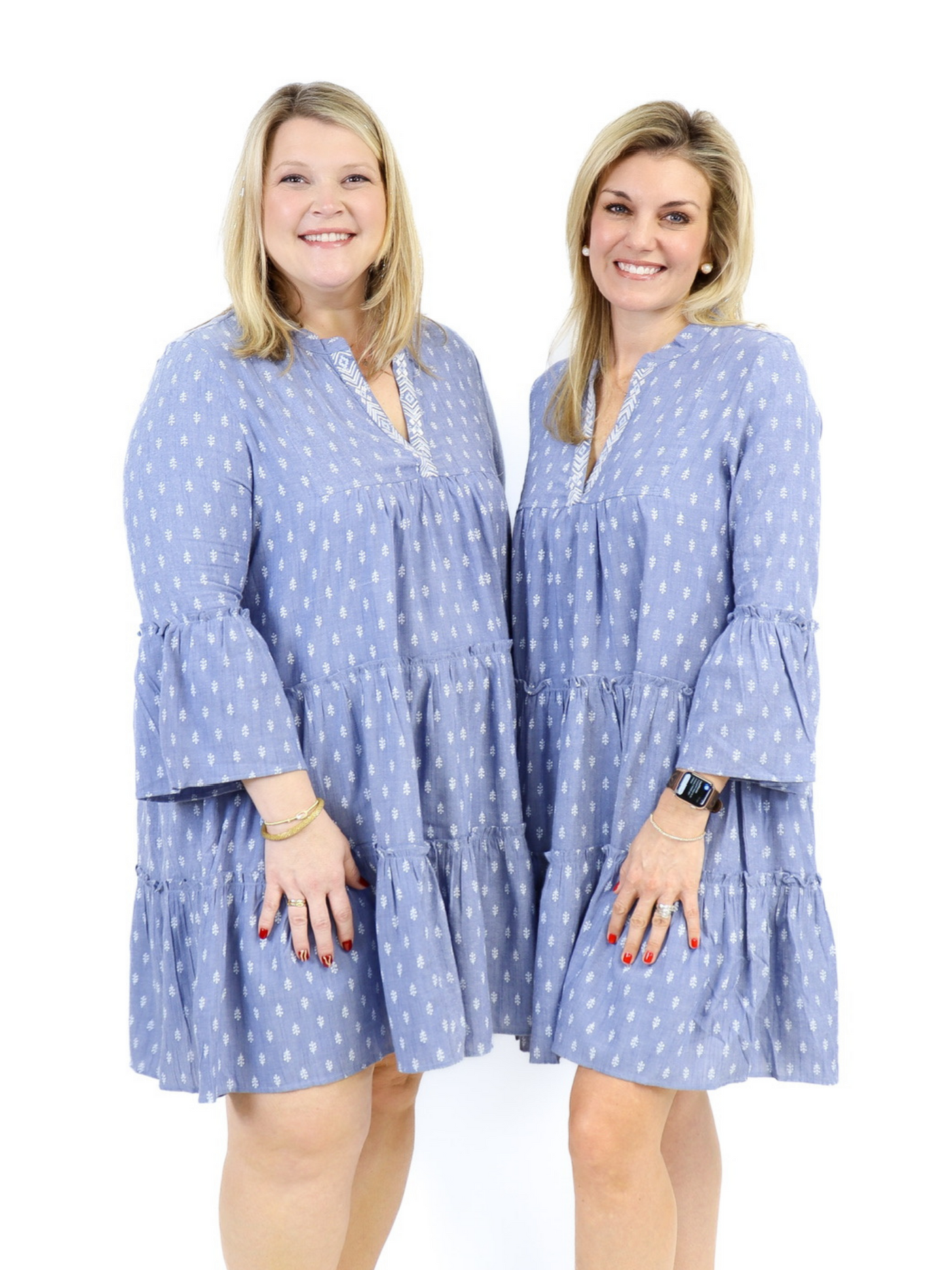 Chambray Peasant Dress - Blue front view. Size 16 & 6