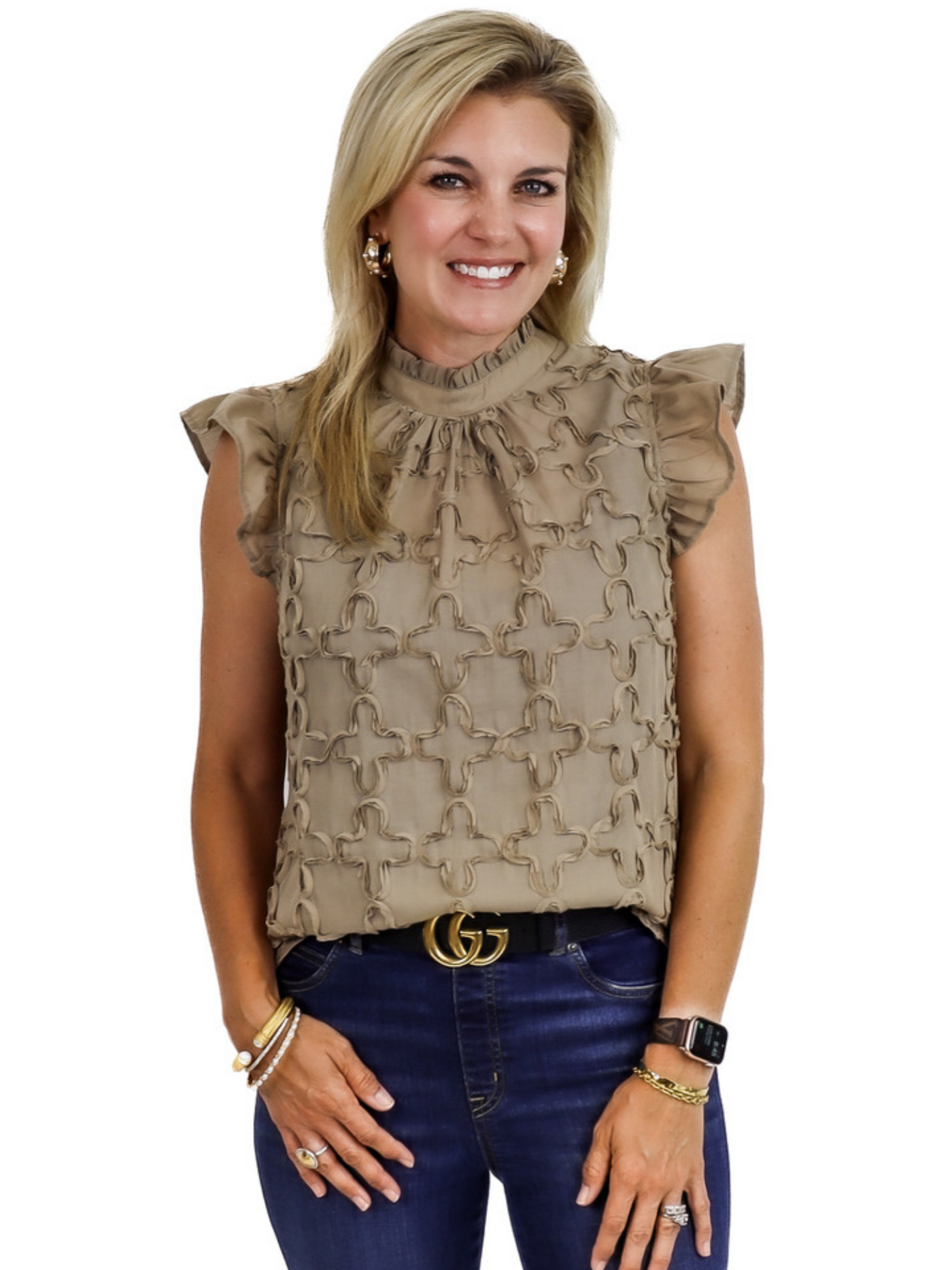 Ruffle Sleeve Tie Blouse - Taupe front view.