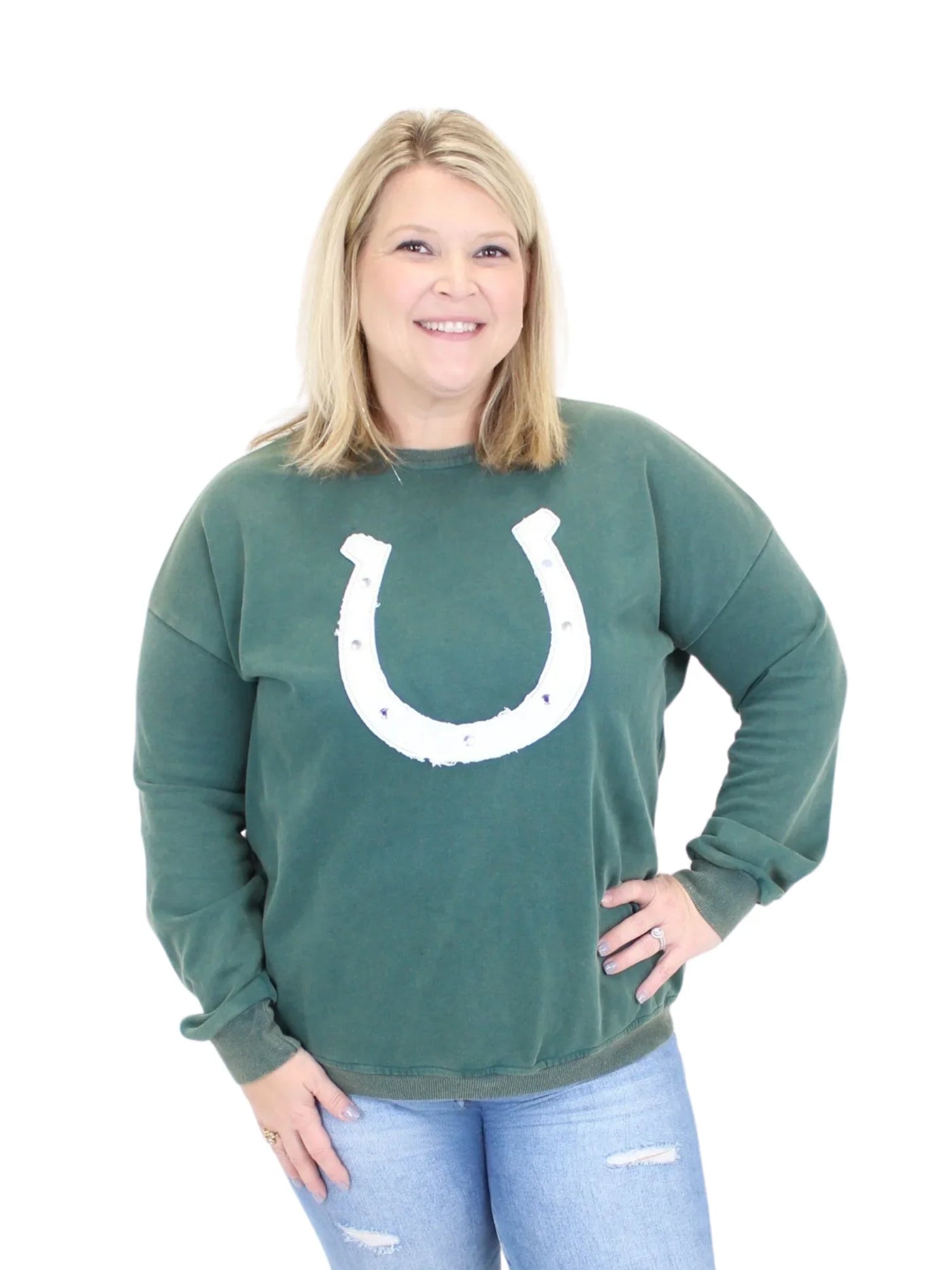 Washed evergreen sweatshirt up close view.