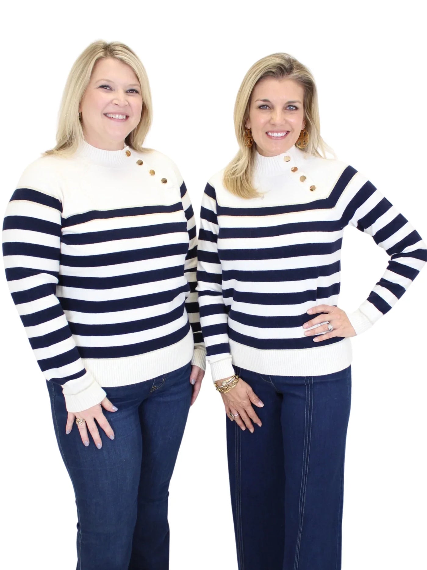 Charlie B Classy Mock Neck Striped Sweater - Navy/Off White