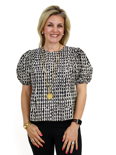 Pleated Short Sleeve Blouse - Black/Ivory front view.